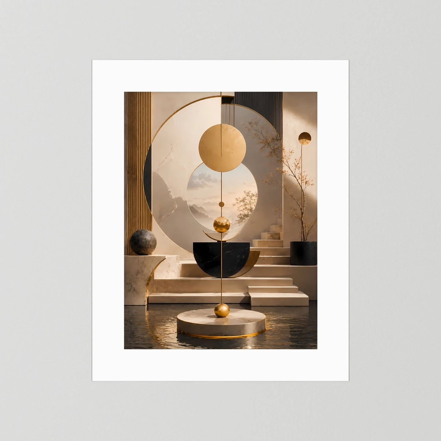 Abstraktes Geometrie-Poster im Hochformat mit weißem Rand, Creme-, Schwarz- und Goldtönen