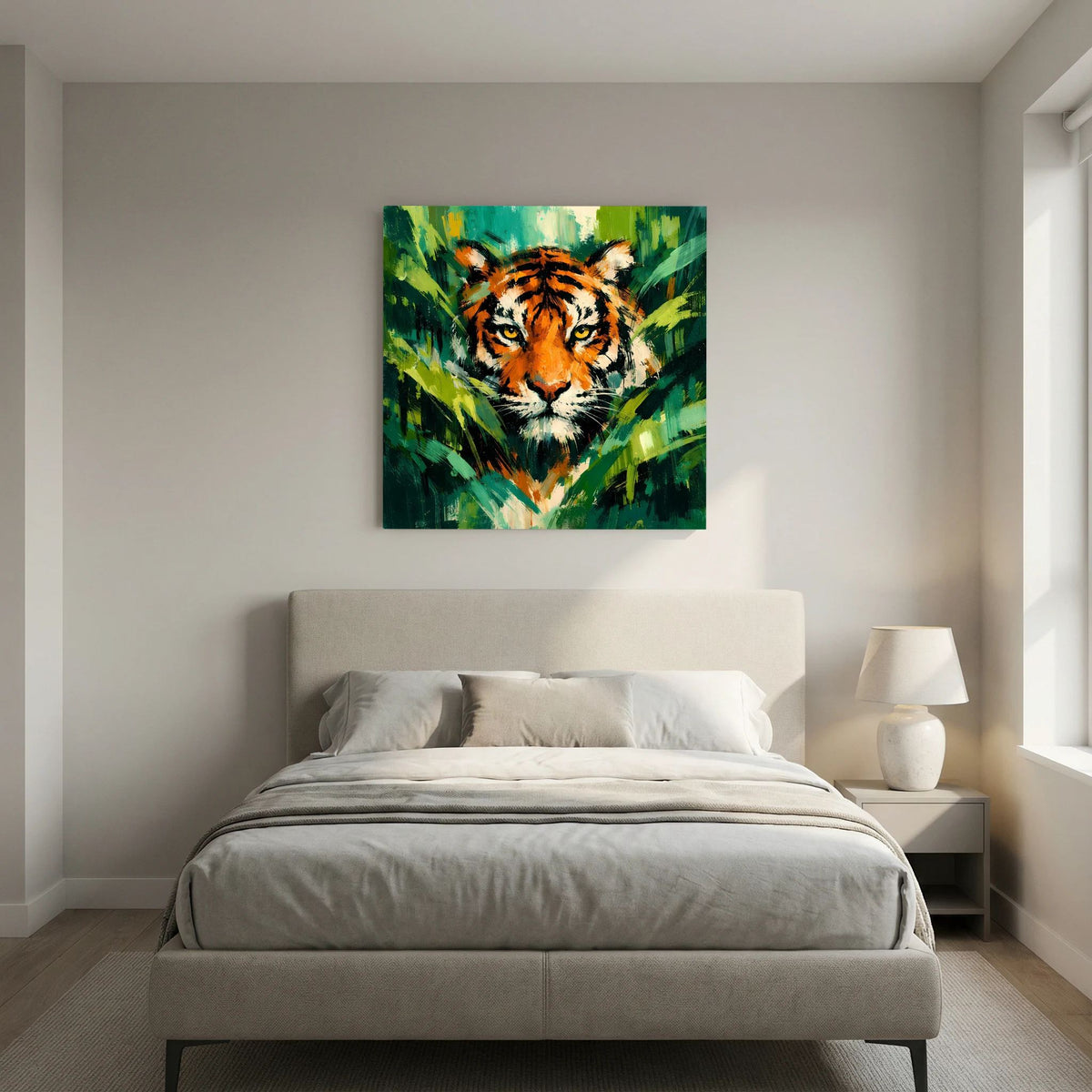 Leinwand Abstraktes Tiger Gemälde | Modernes Wandbild Raubkatze Dschungel Grün Orange