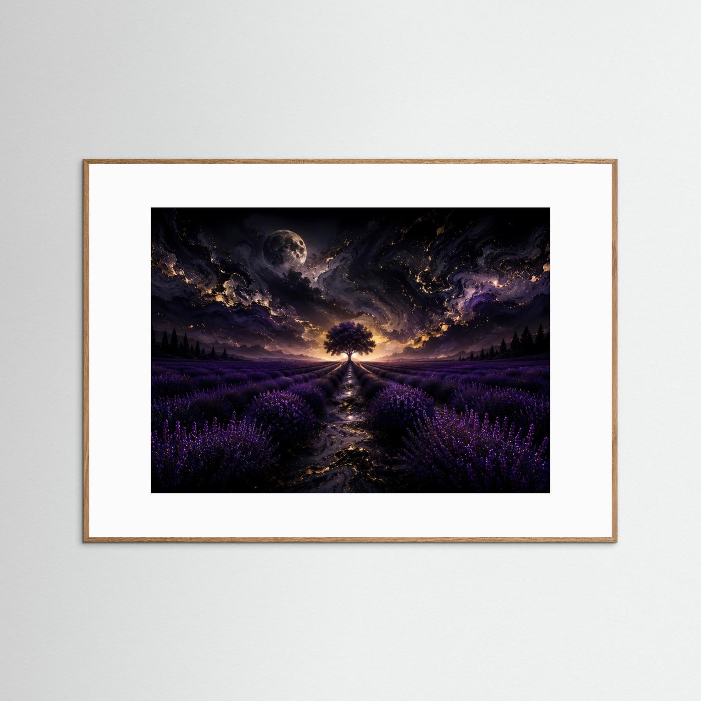 Lavendelfeld Wandbild Nacht | Mystischer Baum unter Mond | Fantasy Landschaft Poster | Lila Leinwandbild | Abstrakte Fine Art Wandkunst