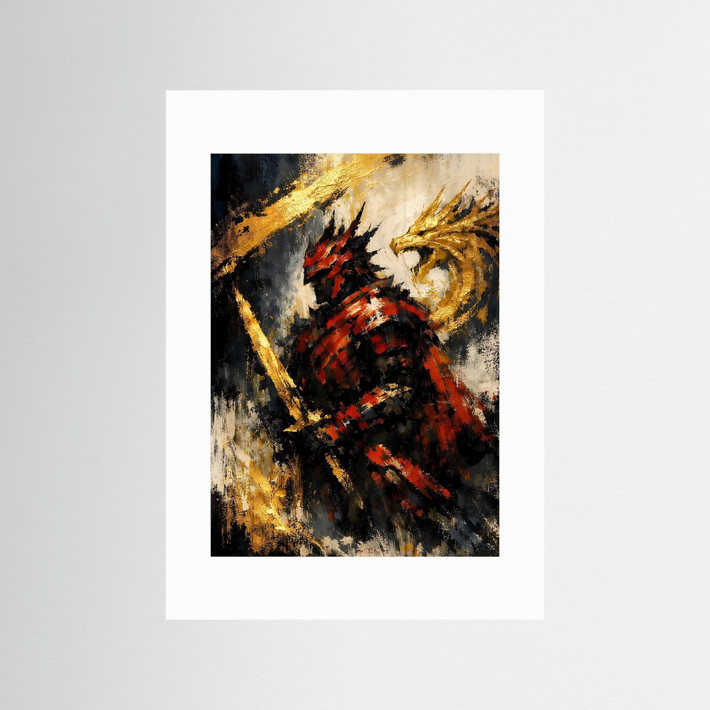 Samurai- und Drachenposter im Hochformat mit weißem Rand, abstrakt in Gold, Rot und Dunkelgrau