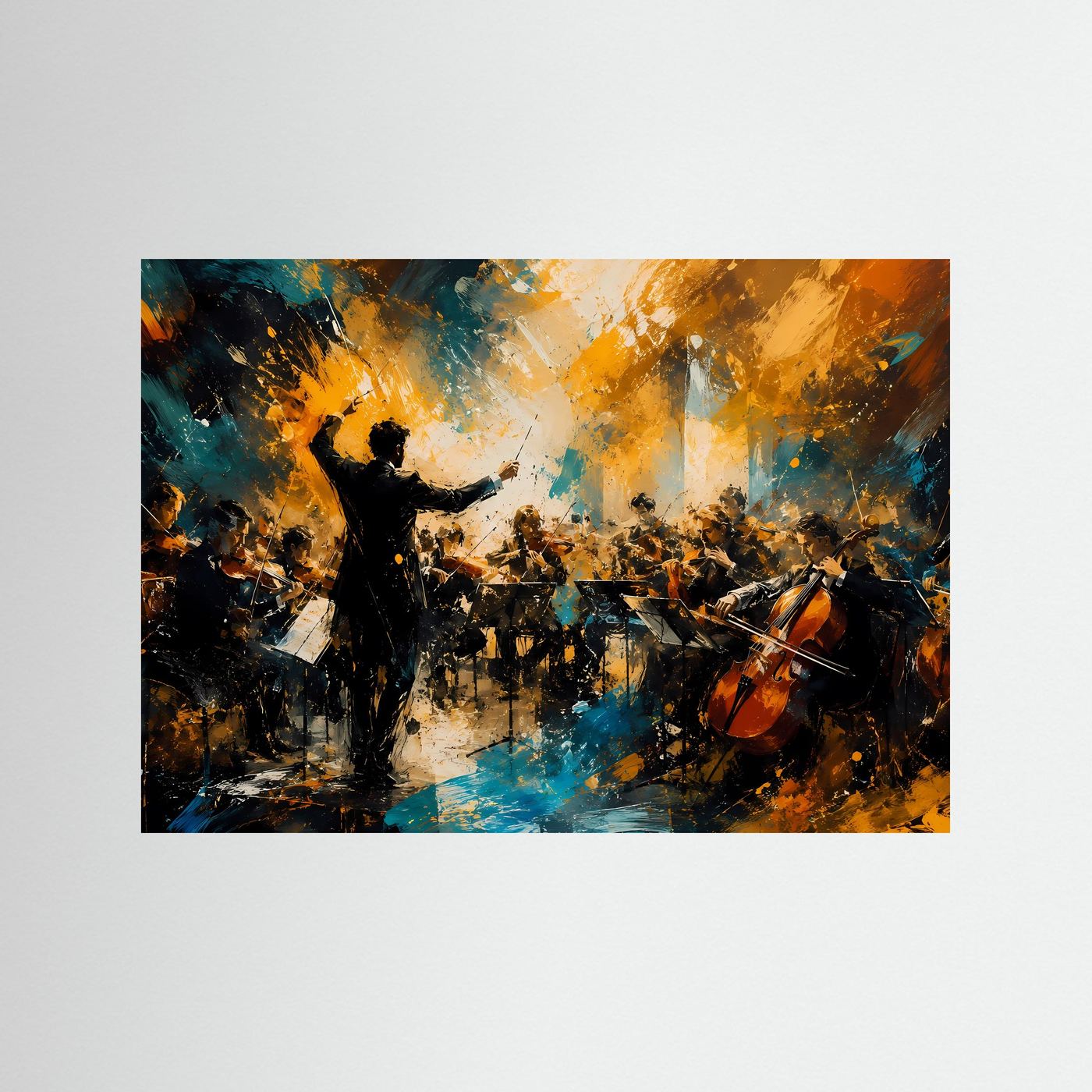 Musik-Kunstposter Querformat: abstraktes Orchester im Rampenlicht, blau-gelb-orange