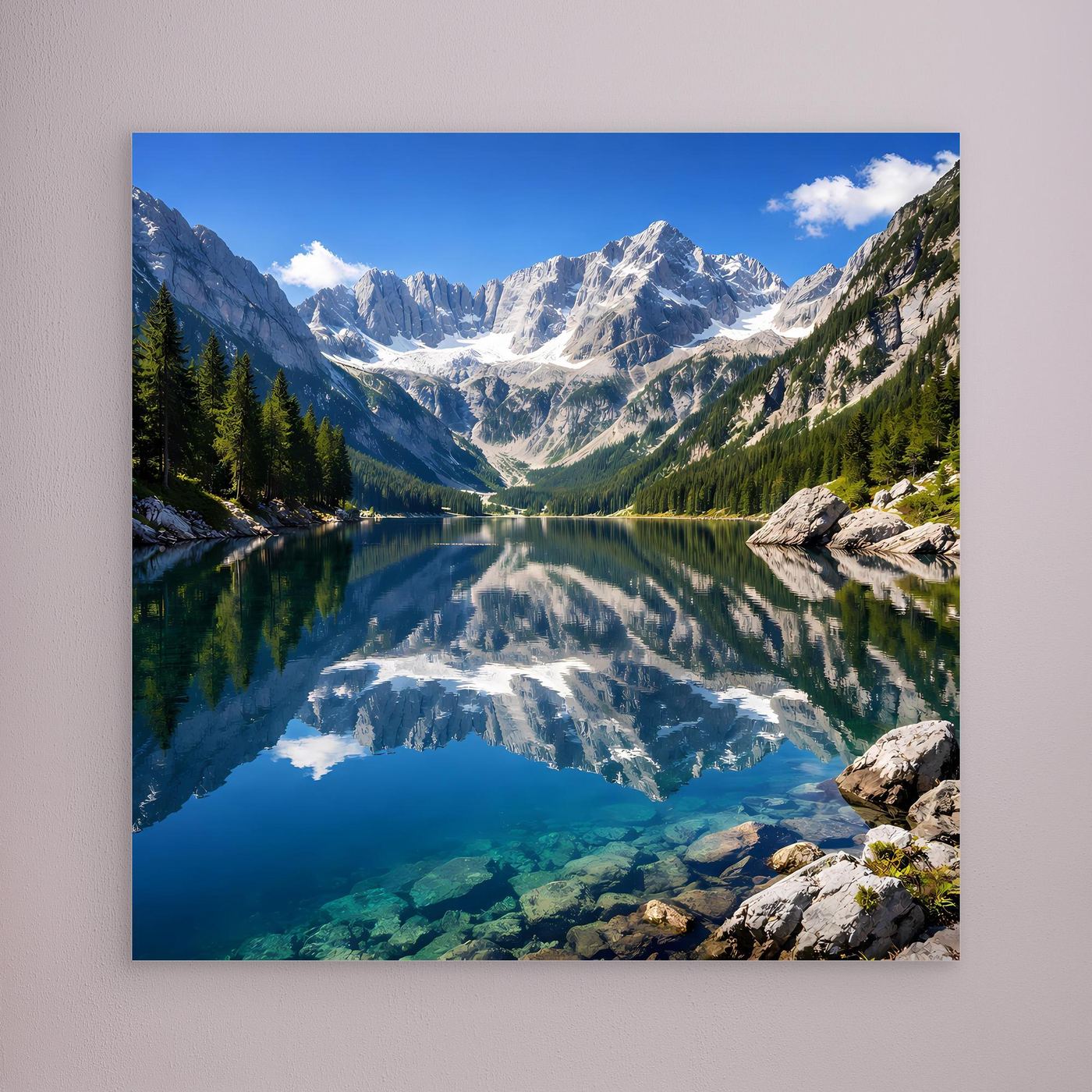 Leinwandbild mit Bergsee und Alpenpanorama, Spiegelung im kristallblauen Wasser