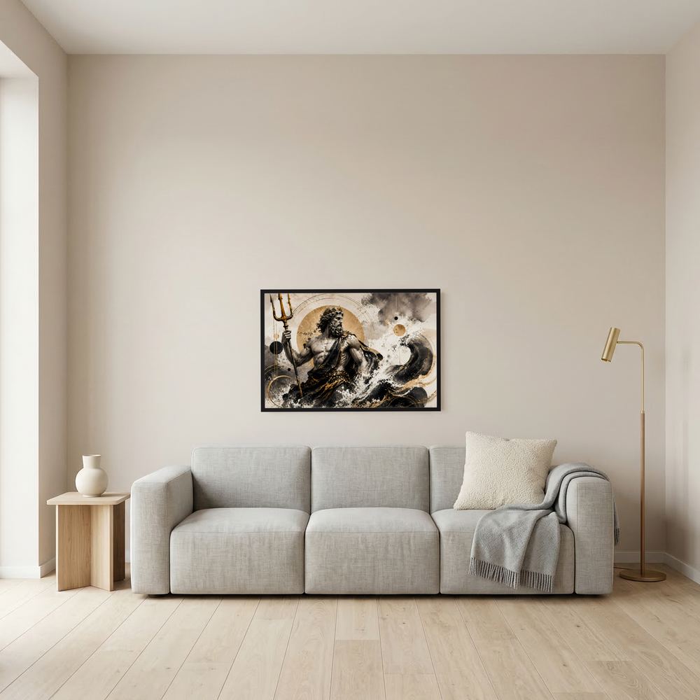 Poseidon-Poster mit Dreizack im Schwarz-Gold-Look, kleiner Druck im schwarzen Rahmen.