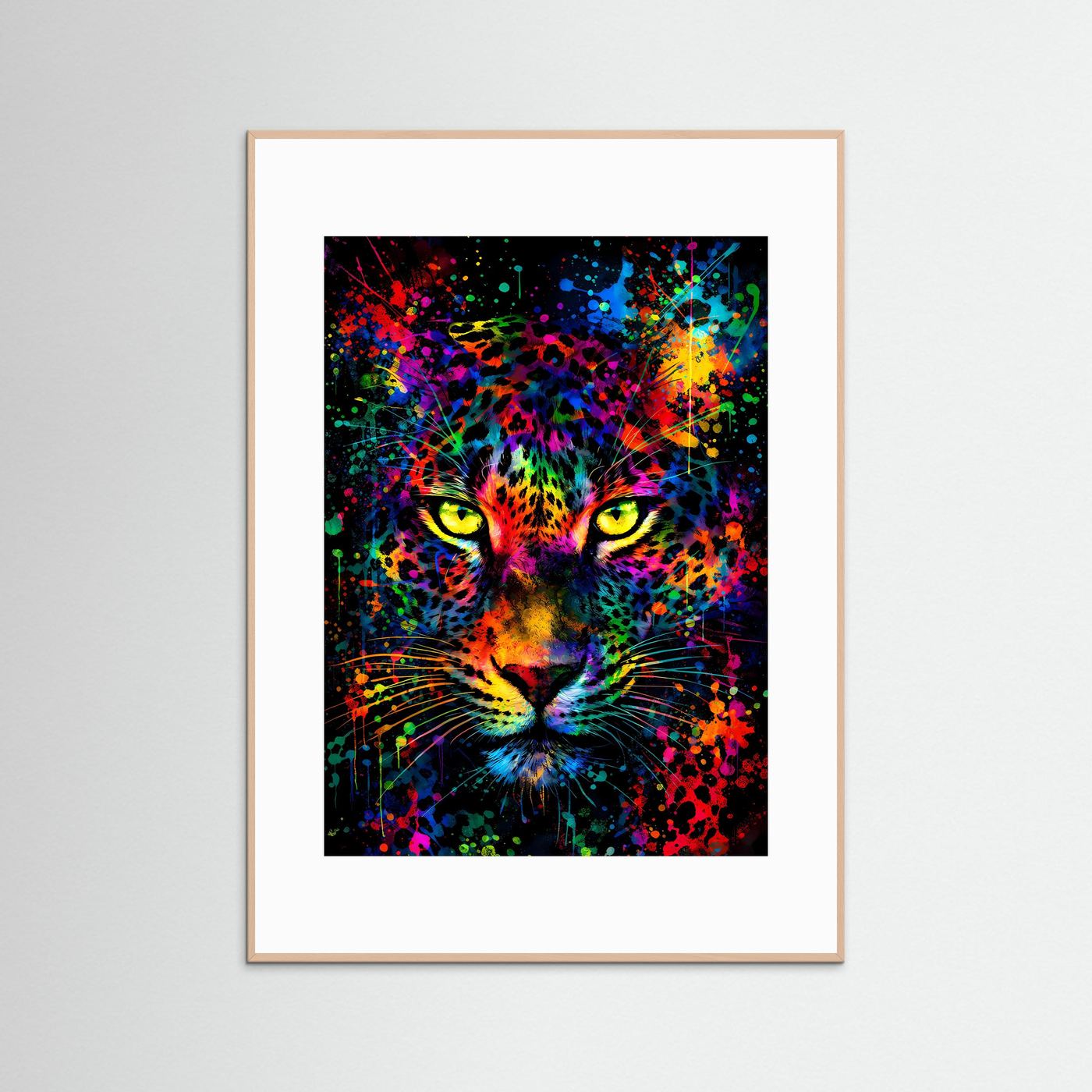 Der Blick der Wildnis | Neon Leopard Poster mit leuchtenden Augen & Regenbogen-Farben | Abstraktes Wildtier Kunstposter Hochformat