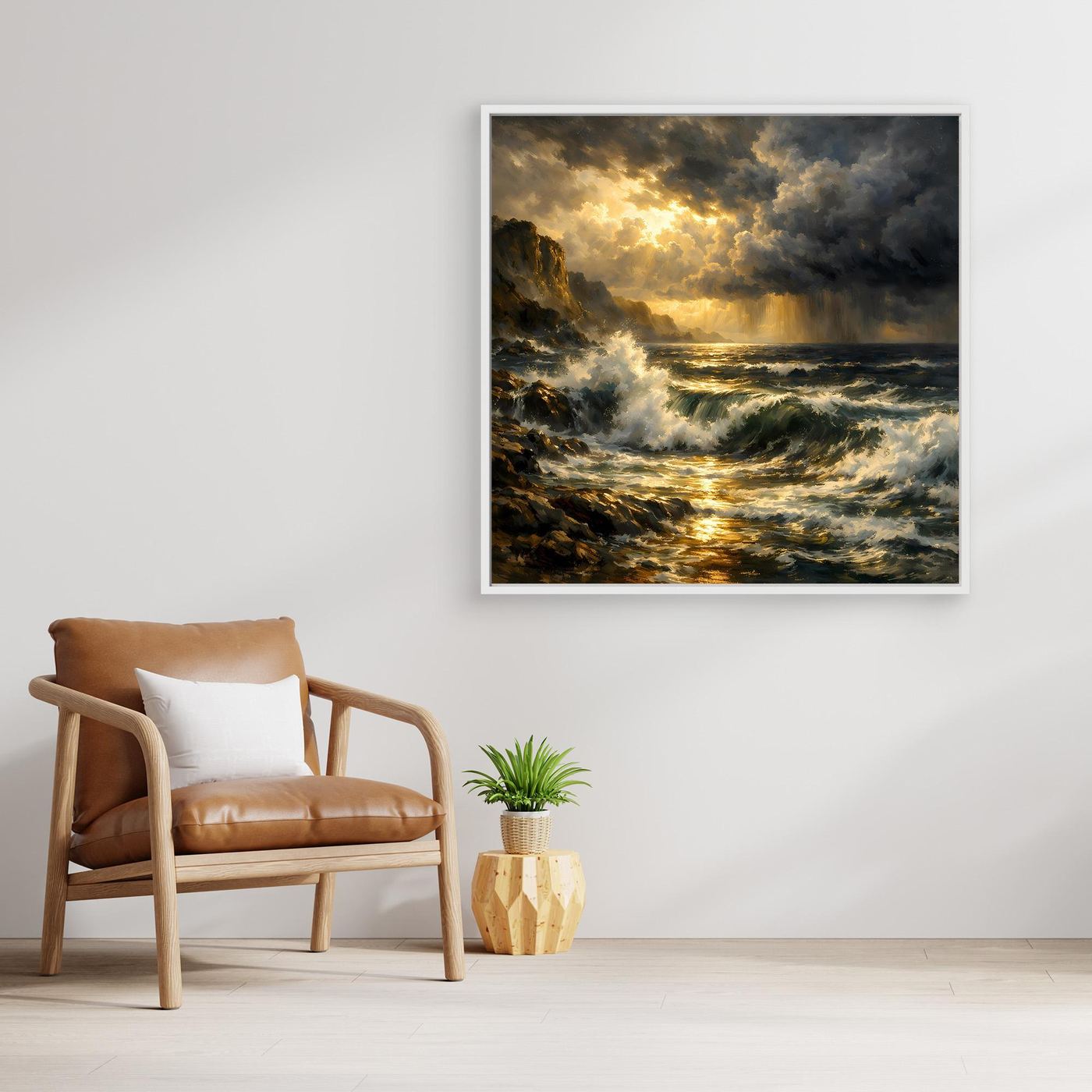 Leinwandbild mit hellem Rahmen: stürmisches Meer, goldene Sonne über Wellen im Wolkenhimmel.