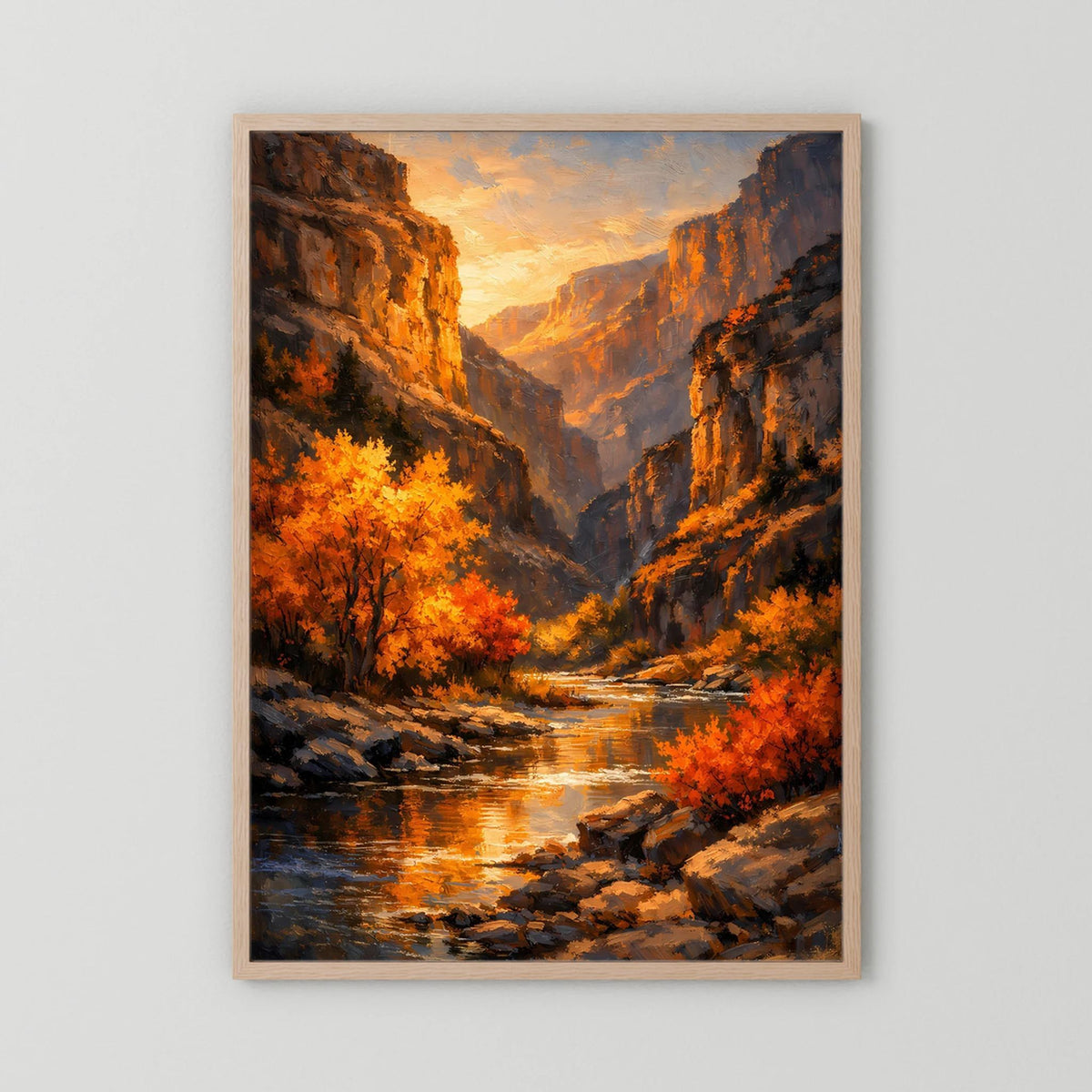 Gerahmtes Wandbild mit Canyon-Motiv, Herbstbäume und Fluss im goldenen Abendlicht.