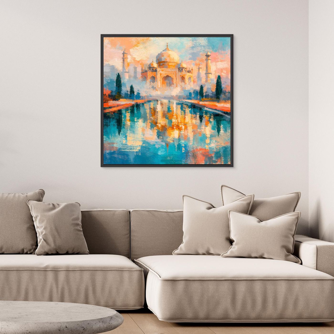 Gerahmtes Leinwand-Wandbild mit schwarzem Rahmen: abstraktes Taj Mahal und Spiegelung