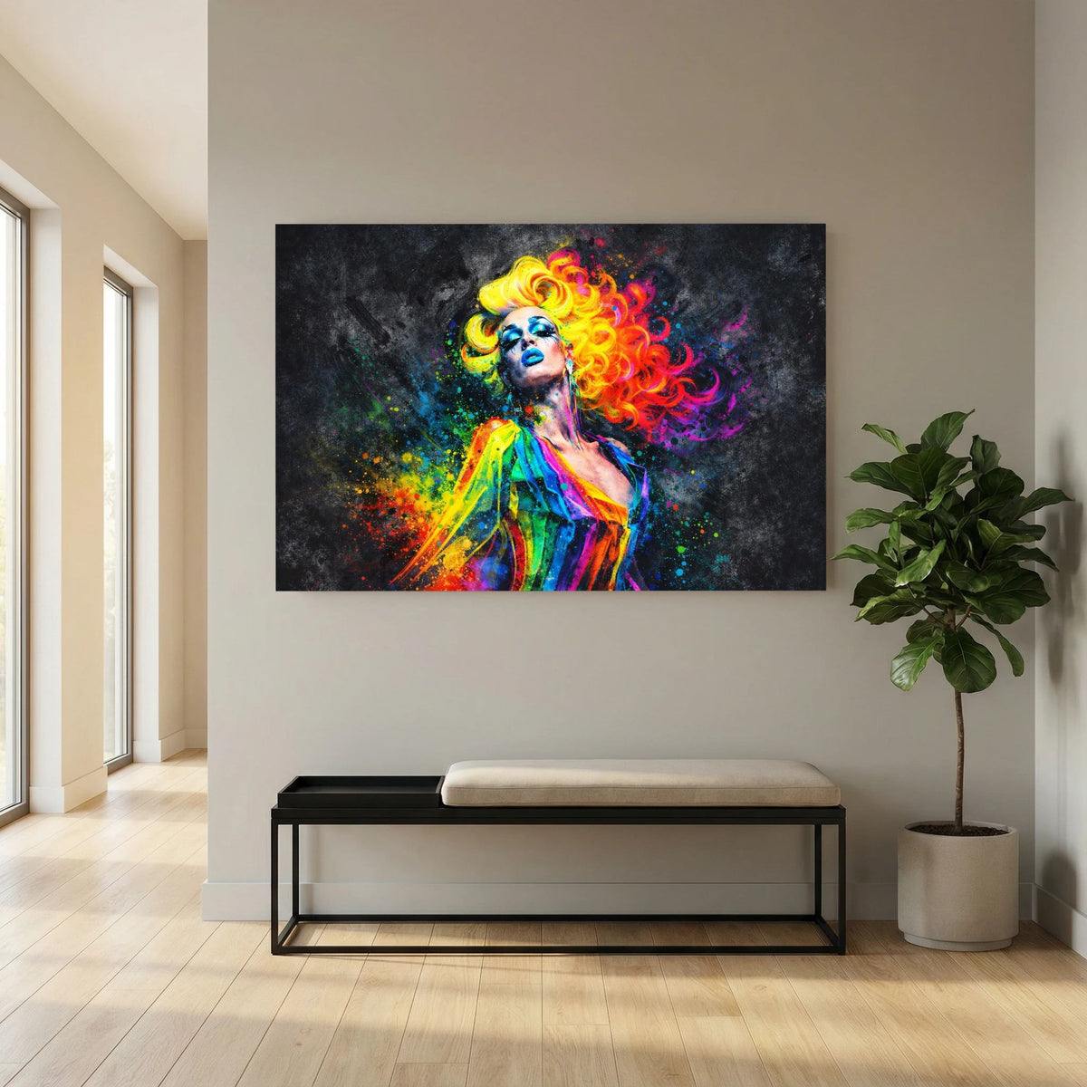Pop-Art-Wandbild im Querformat: Porträt einer Frau mit buntem Haarwirbel und Spritzern