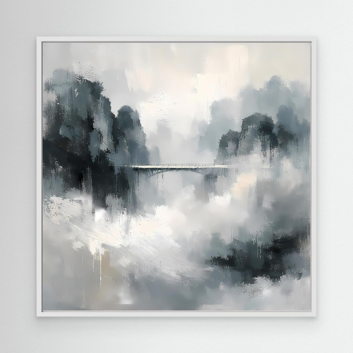 Leinwand Mystische Bergbrücke im Nebel | Abstraktes Natur Wandbild Grau