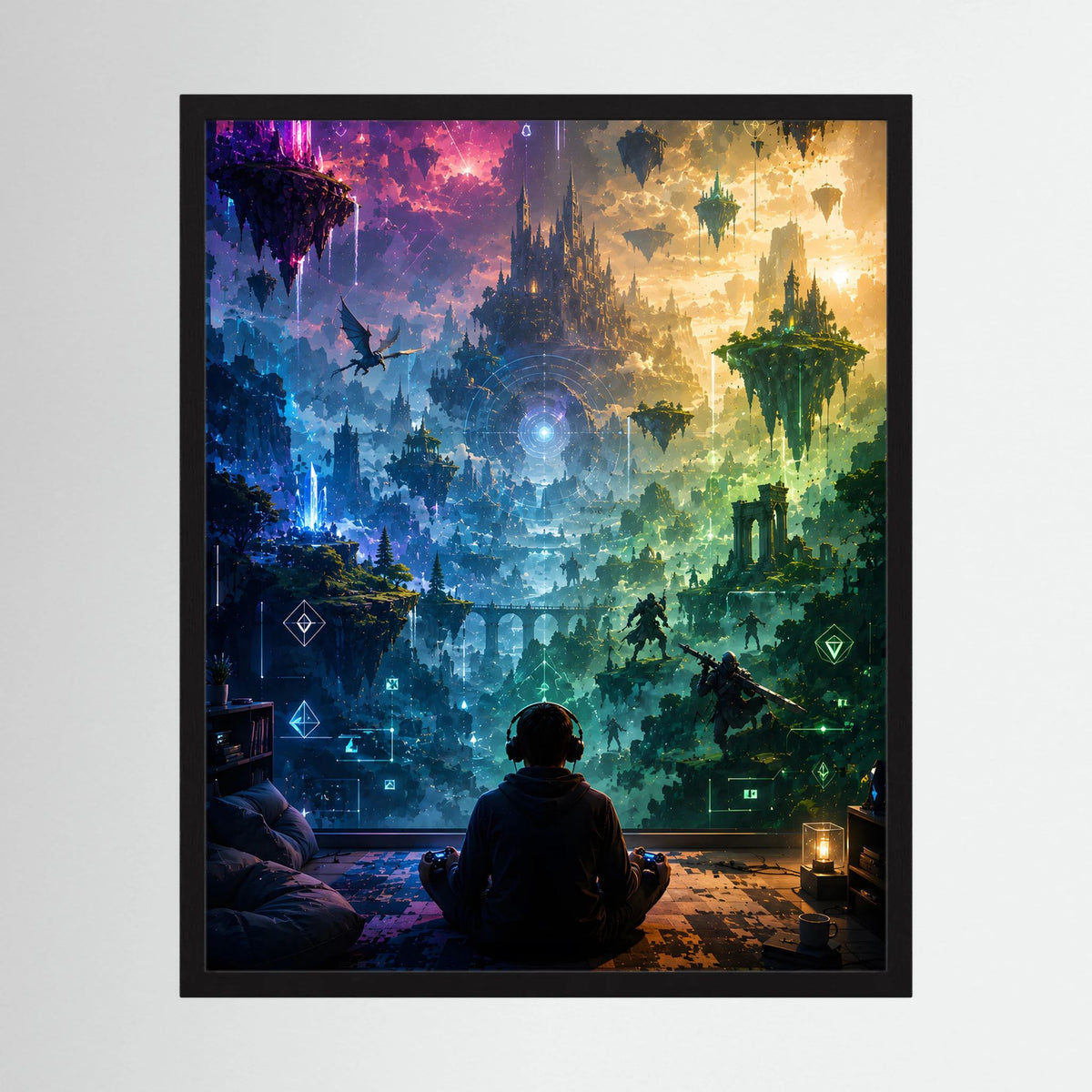 Kunstposter im schwarzen Rahmen mit schwebenden Inseln und Lichterkristallen, mehrfarbig