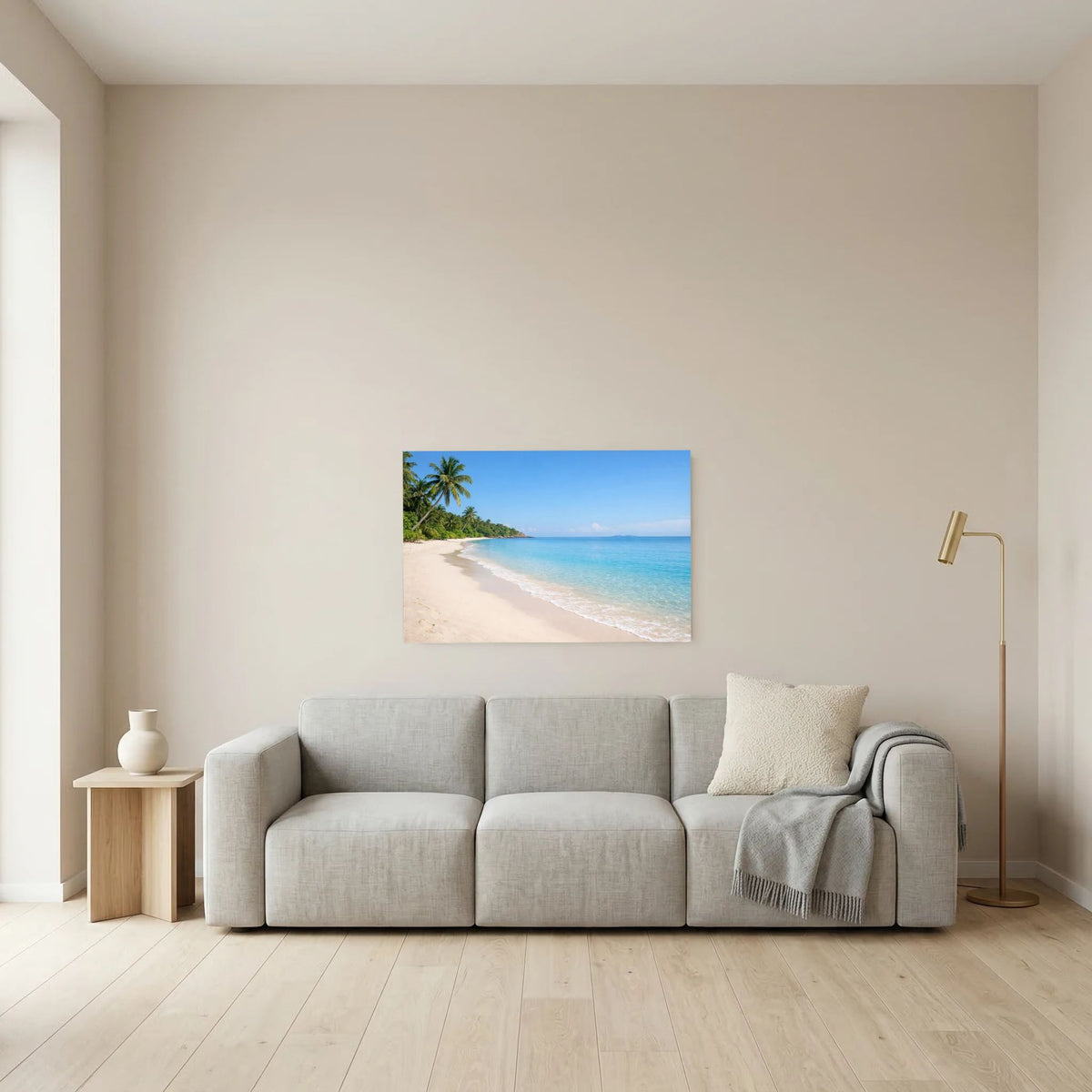 Kleines Querformat-Wandbild mit tropischem Strand, Palmen und blauem Horizont