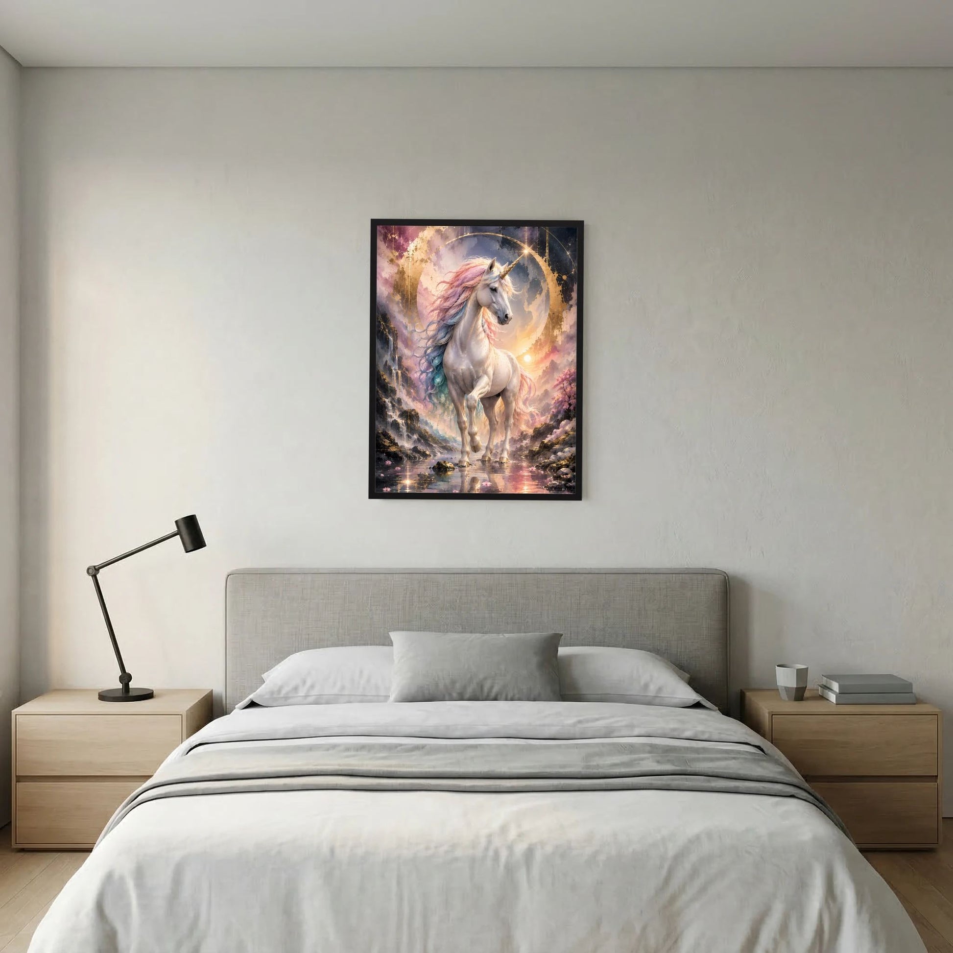 Gerahmtes Hochformat-Poster mit Einhorn, buntem Schweif und goldenen Lichtspuren