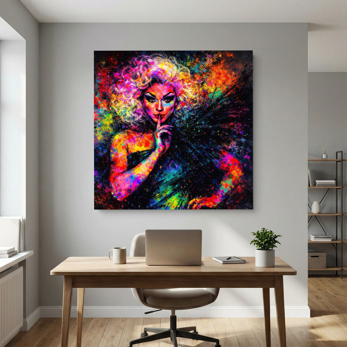 Keilrahmen-Leinwandbild mit Pop-Art-Drag-Queen-Porträt auf Keilrahmen, kräftige Farbstreuung