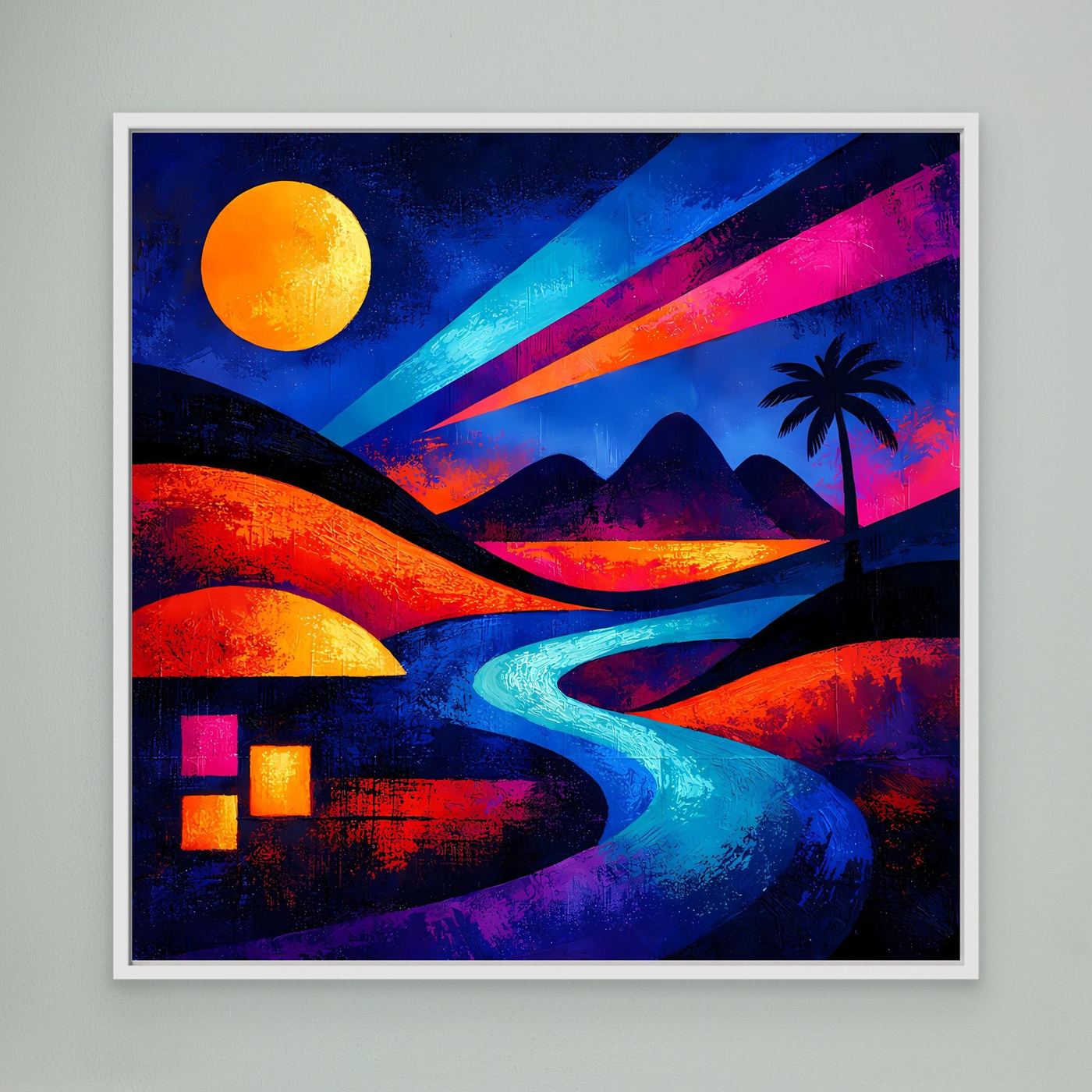 Quadratisches Leinwand-Wandbild mit bunter Wüstenlandschaft, Palme und Fluss bei Nacht, weiß gerahmt.