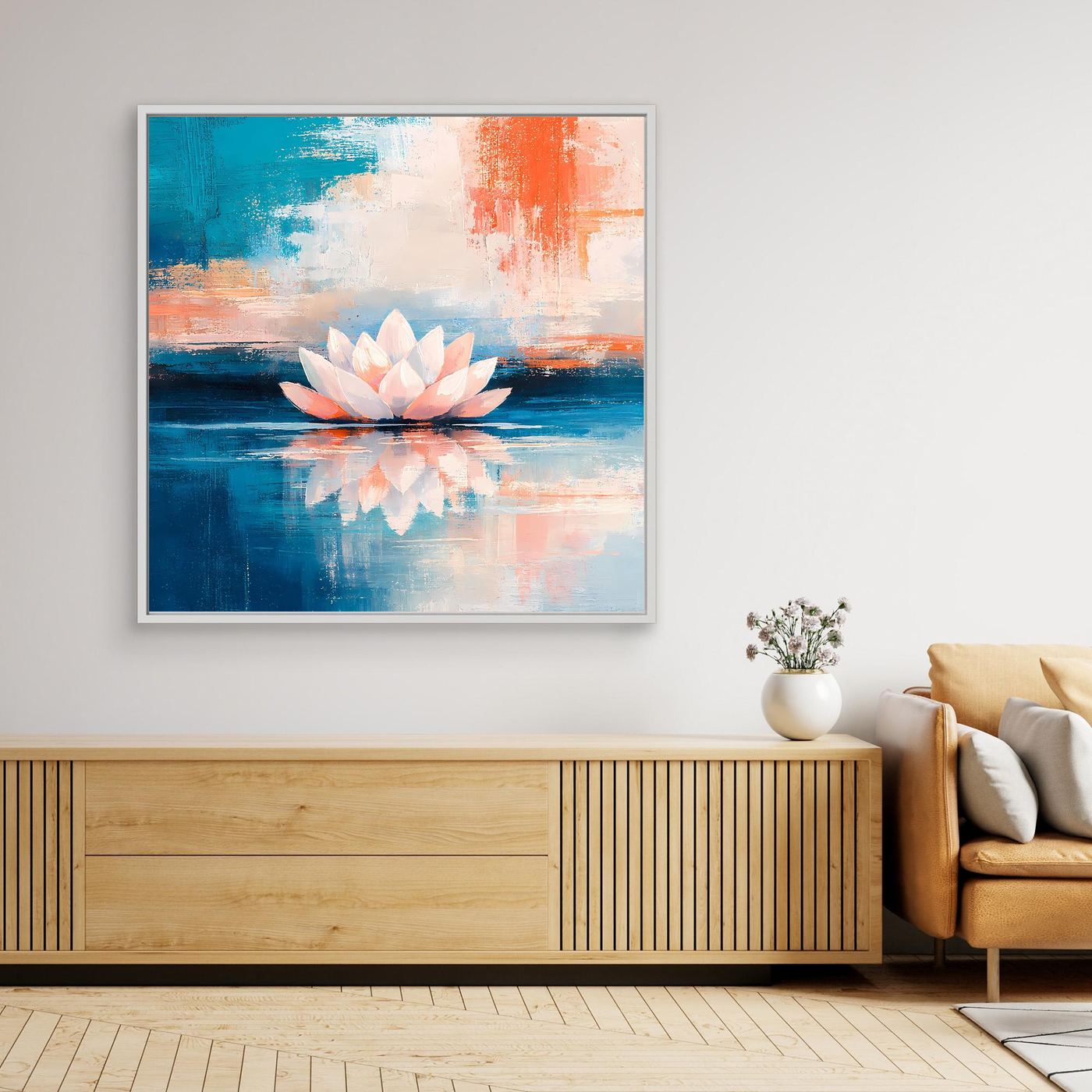 Leinwand Abstrakte Lotusblüte auf dem Wasser | Modernes Seerosen Wandbild Blau Orange