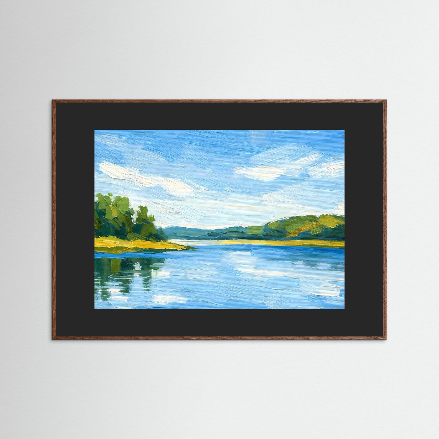 Wandbild mit Landschaftsmotiv, brauner Rahmen