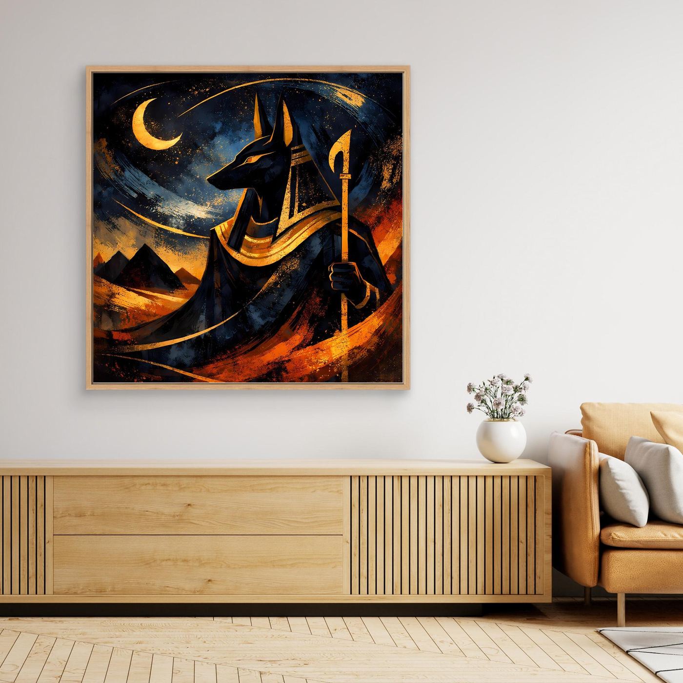 Wandbild mit Anubis in Nachtszene, brauner Rahmen, Leinwand