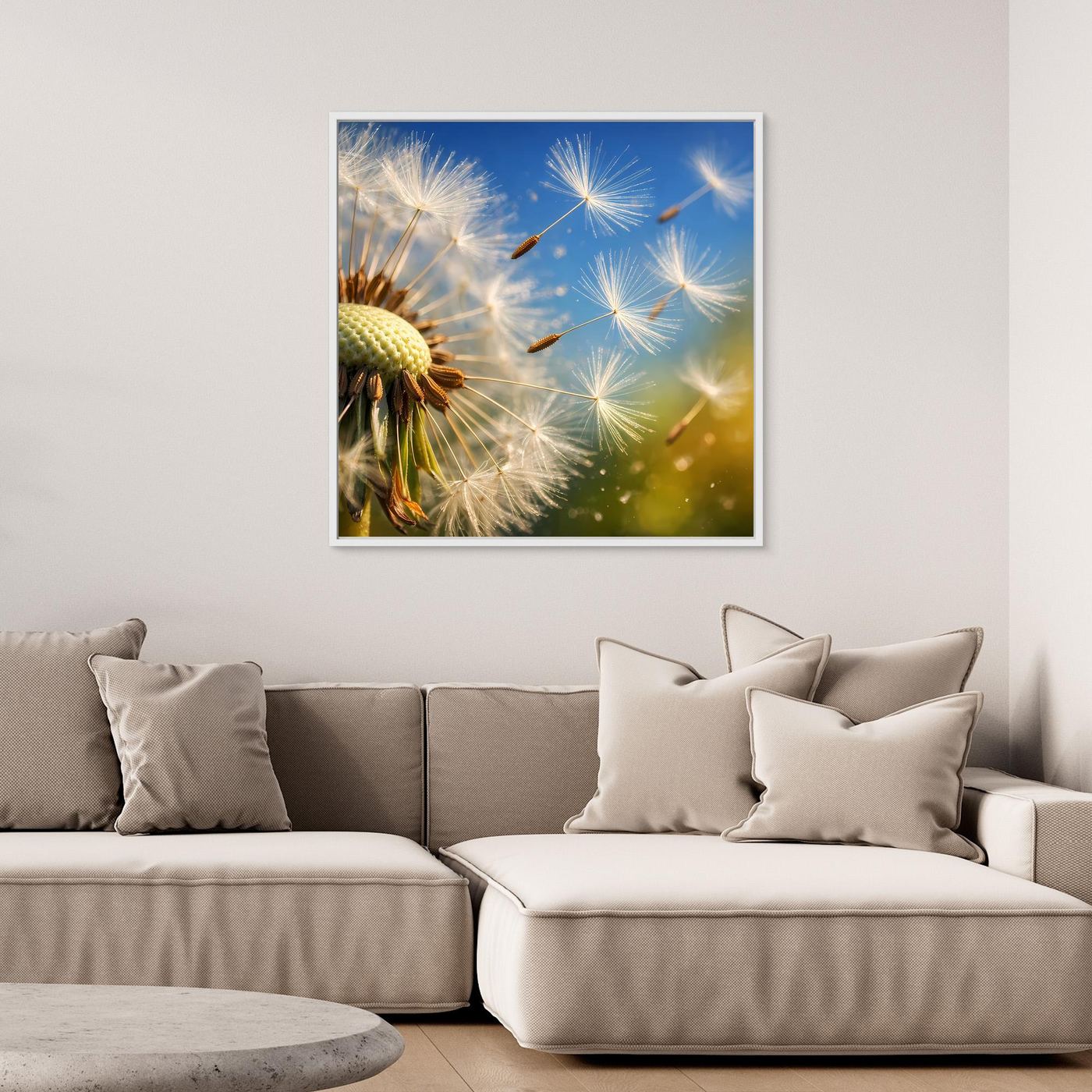 Leinwandbild mit Löwenzahn-Pusteblumen im Makro, gelb-grün, blauer Hintergrund, mit weißem Rahmen