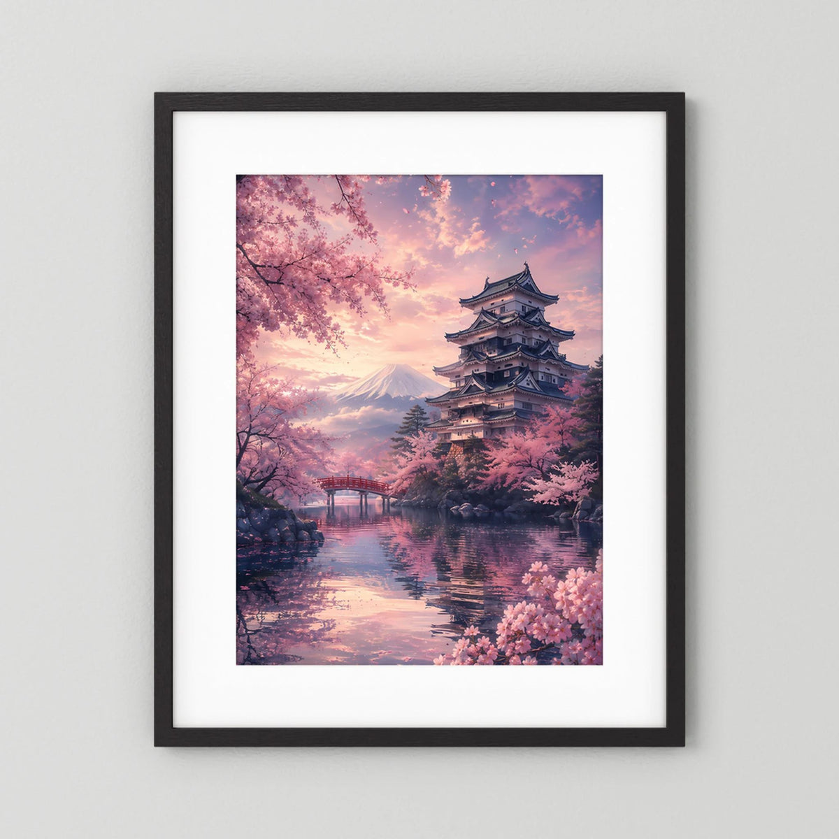 Hochformatiges Poster mit Sakura, Tempelpagode und Bergsilhouette im schwarzem Rahmen