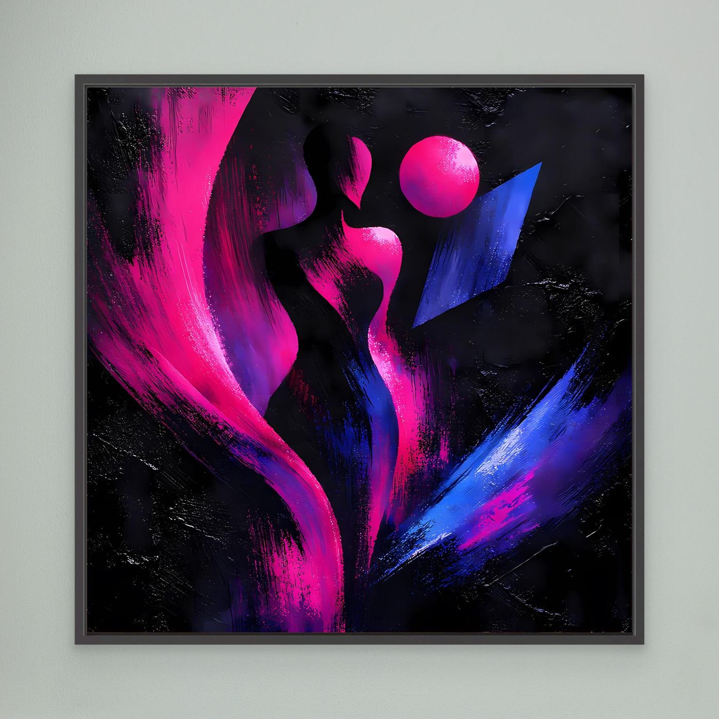 Leinwandbild mit abstrakter Silhouette in Neon-Pink und Blau, schwarze runde Elemente, schwarz gerahmt