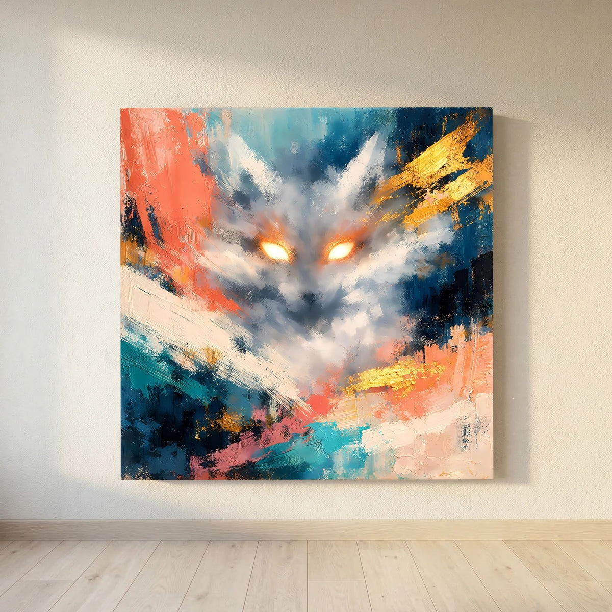 Abstraktes Leinwandbild: Fuchsgesicht mit leuchtenden Augen, rote, blaue und gelbe Farbverläufe.