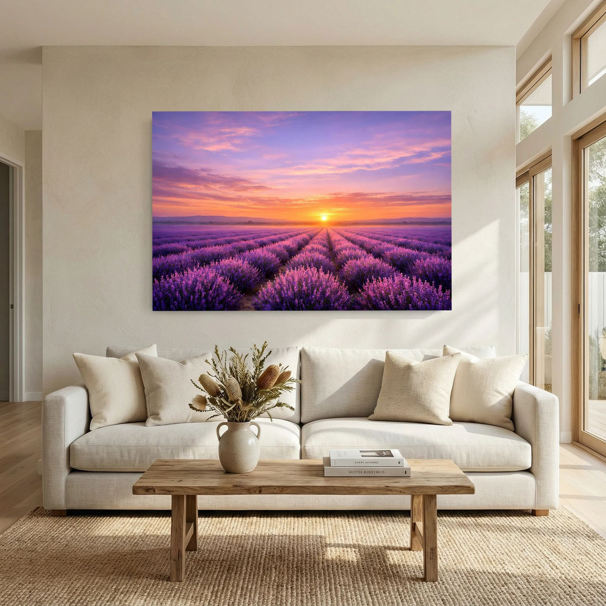 Wandbild im Querformat mit Lavendelfeld und goldenem Sonnenuntergang über lila Blüten