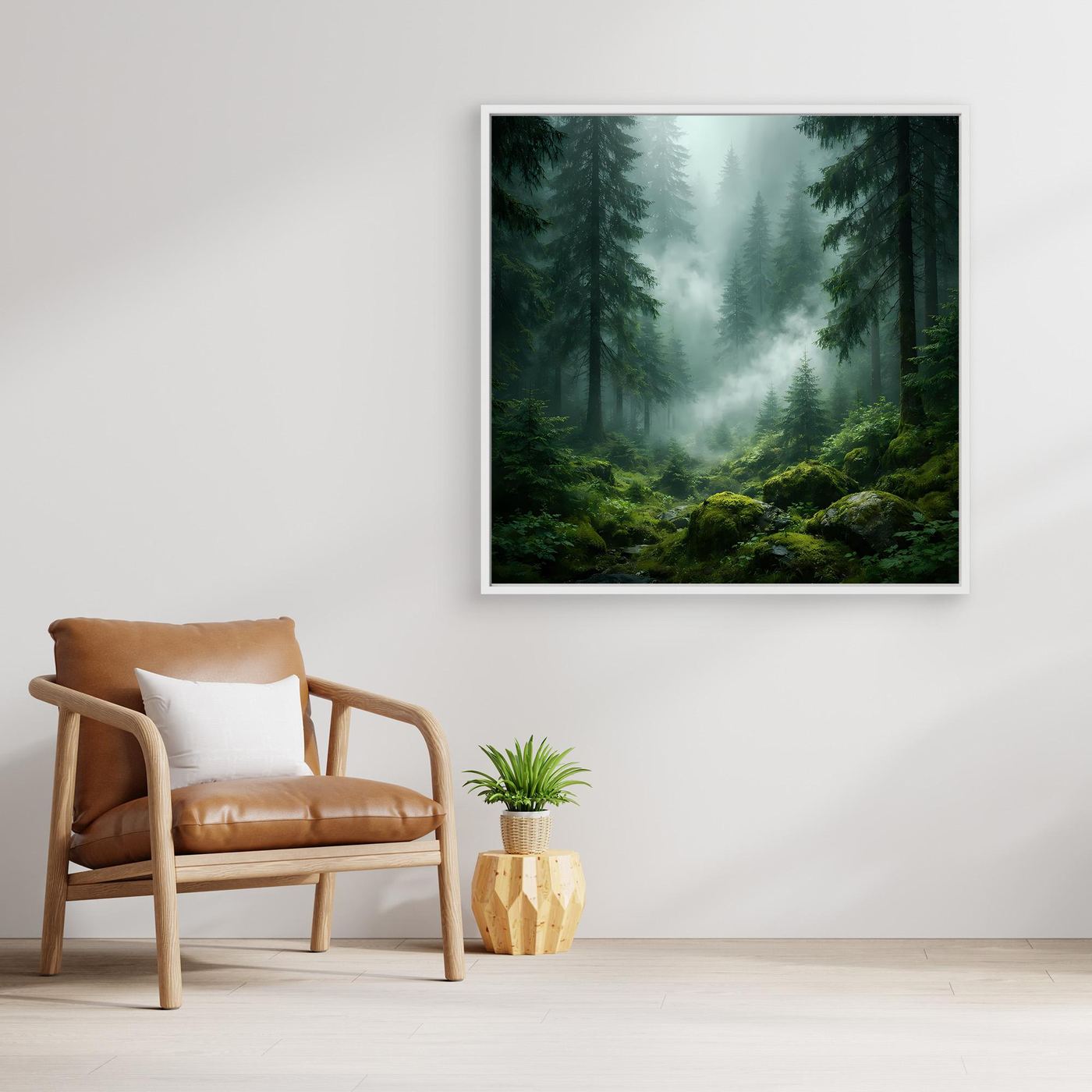 Wandbild mit schwarzem Rand, Waldlandschaft mit Nebel, Tannenreihen und sattem Grün