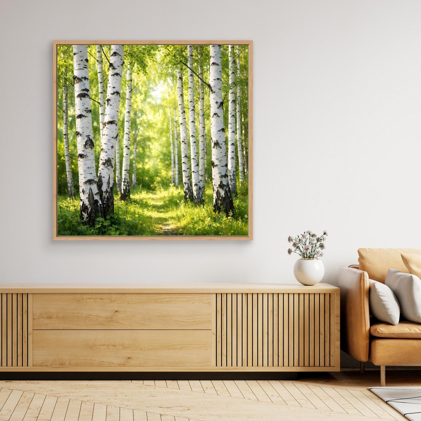 Leinwandbild Birkenwald im Sonnenlicht, quadratisch, mit hellbraunem Holzrahmen