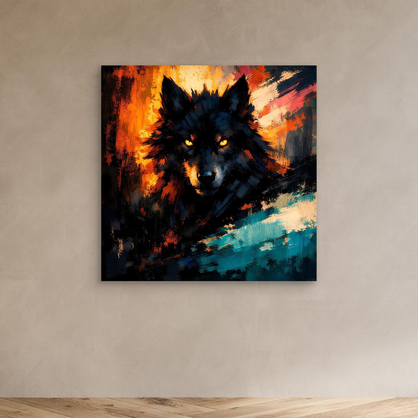 Wandbild mit abstraktem Wolfkopf, dunkles Fell, orangefarbenes Feuer und türkisfarbene Fläche