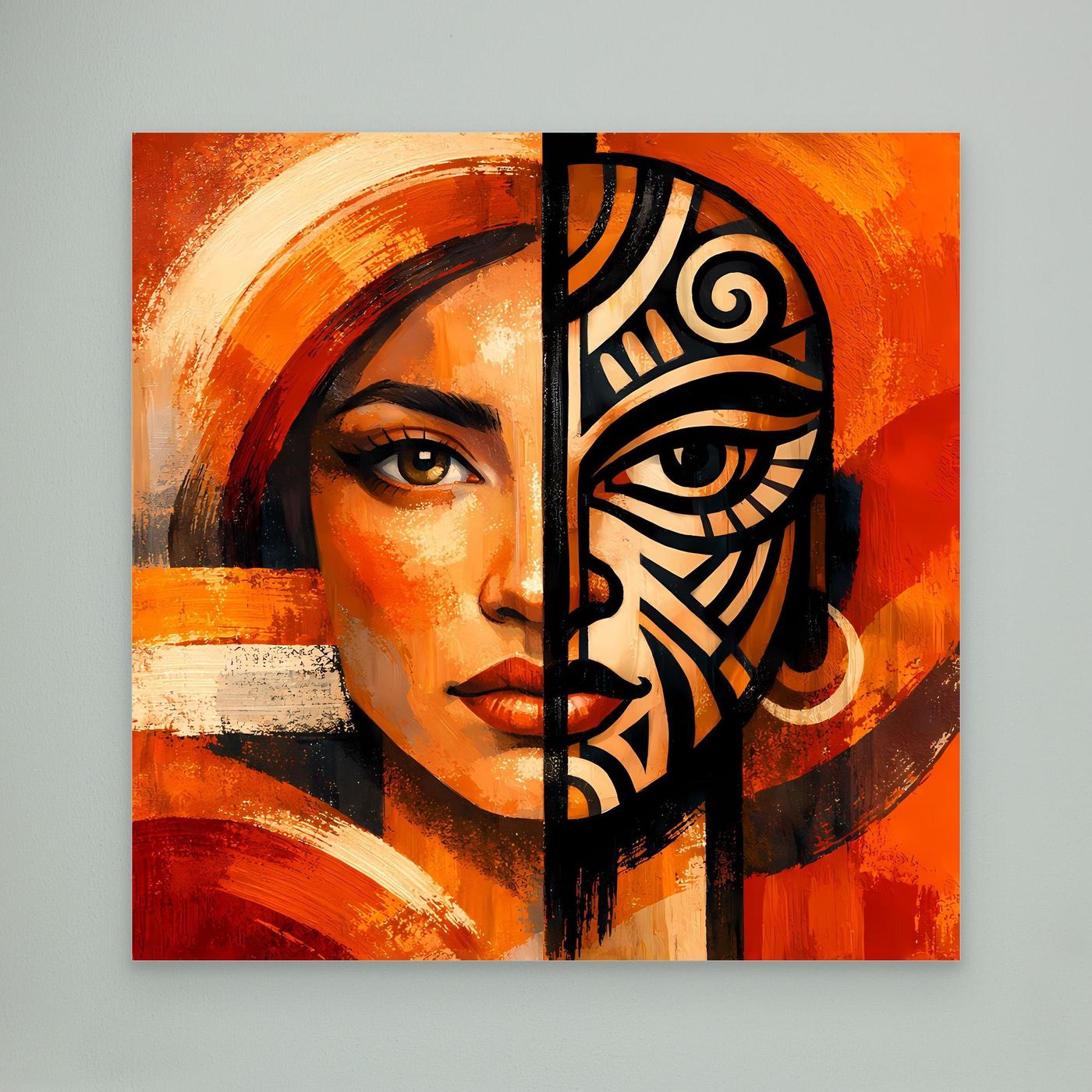 Leinwandbild: Frauenporträt mit Maskenhälfte, orange/rot, schwarz-grafische Muster, ohne Rahmen