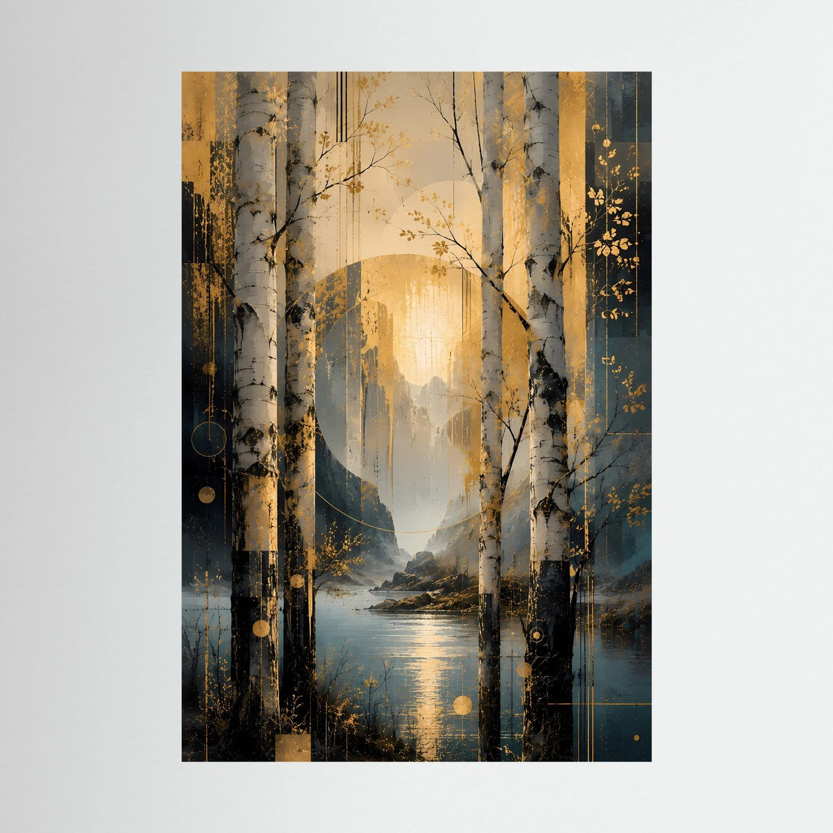 Hochformat-Poster mit abstrakter Landschaft am See, Birken in Gold und Petrol