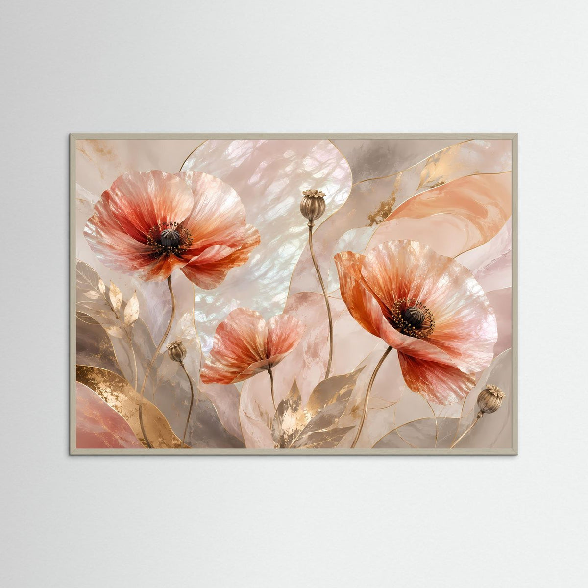 Poster mit abstrakten Mohnblumen in Pastell und Perlmutt, grauer Rahmen, Querformat.
