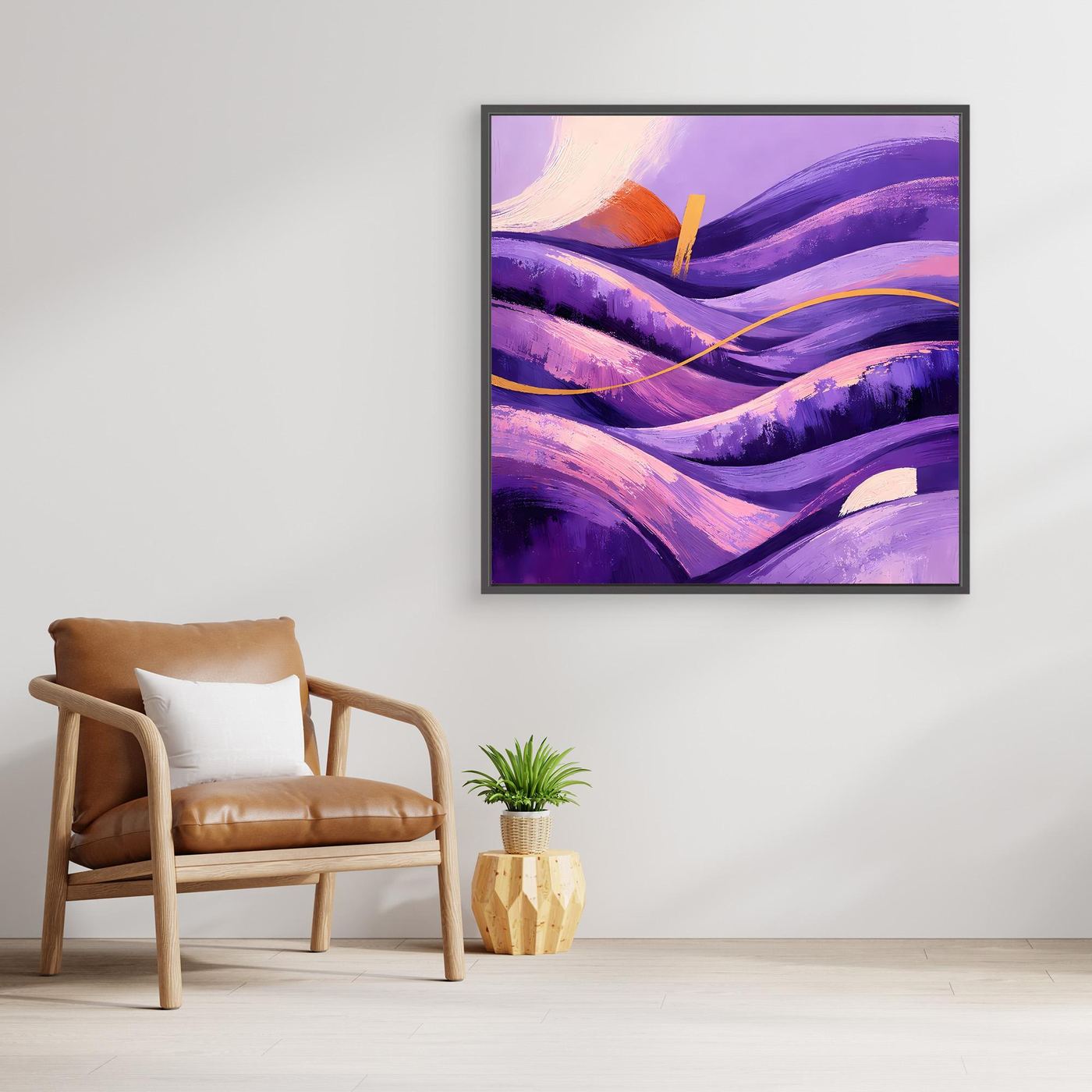 Leinwandbild „Wellental“ abstrakt, violette Wellen mit schwarzem Rahmen
