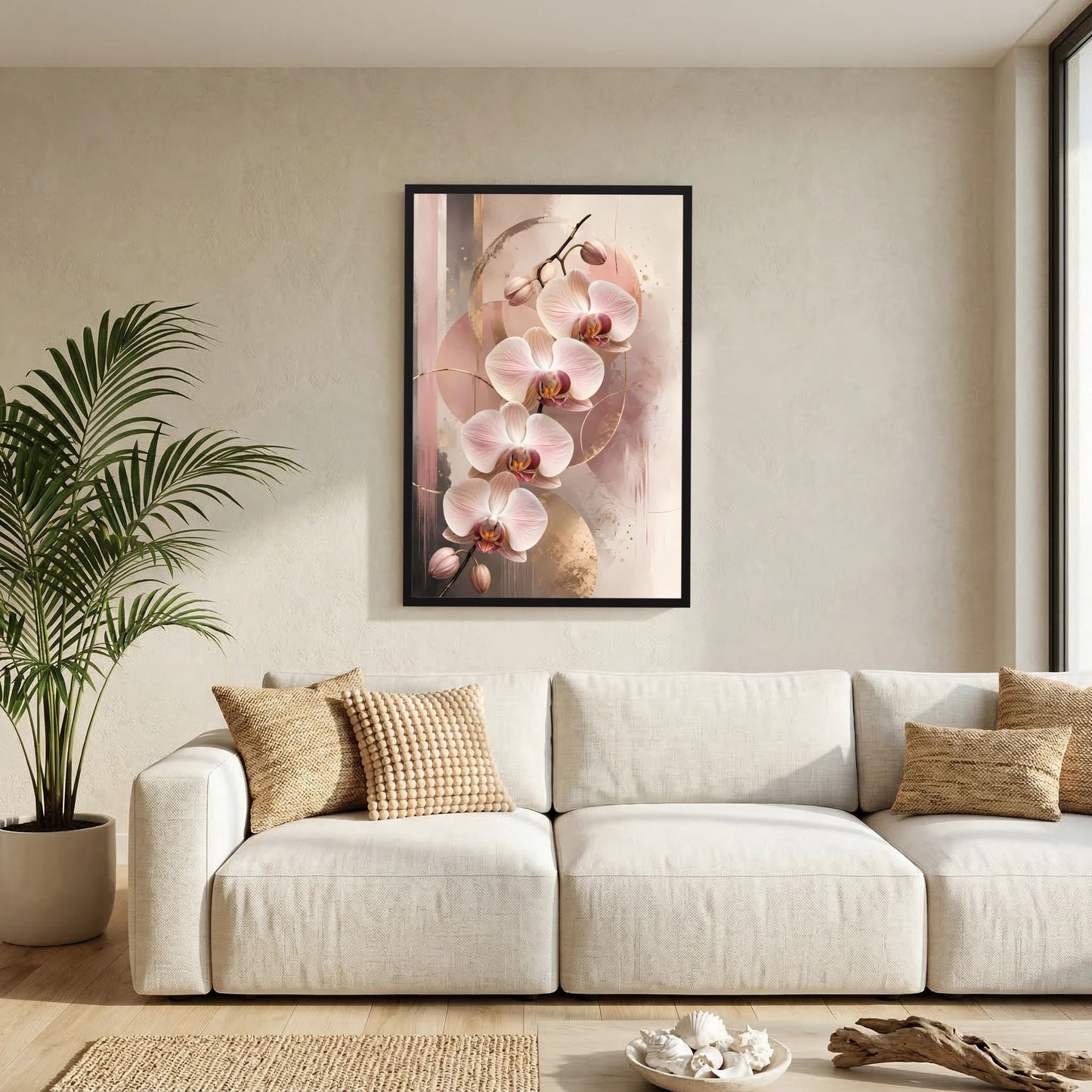Orchideen-Poster im Hochformat mit schwarzem Rahmen und Rosé-Gold-Blüten
