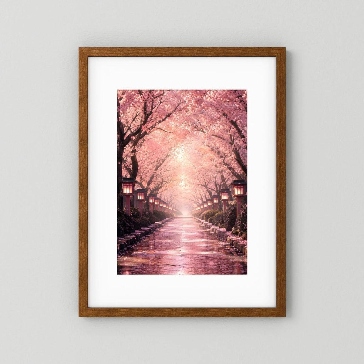Hochformat-Wandposter mit Kirschblütenallee in Rosa, Holzrahmen braun