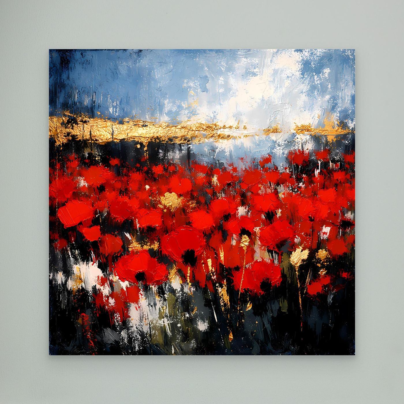 Abstraktes Wandbild mit roten Blütenfeldern, blauem Himmel und goldener Horizontlinie, ungerahmt