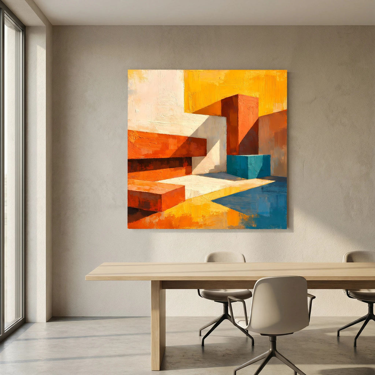Abstraktes Leinwand-Wandbild mit skulptural wirkenden Rechtecken in Orange, Weiß, Blau