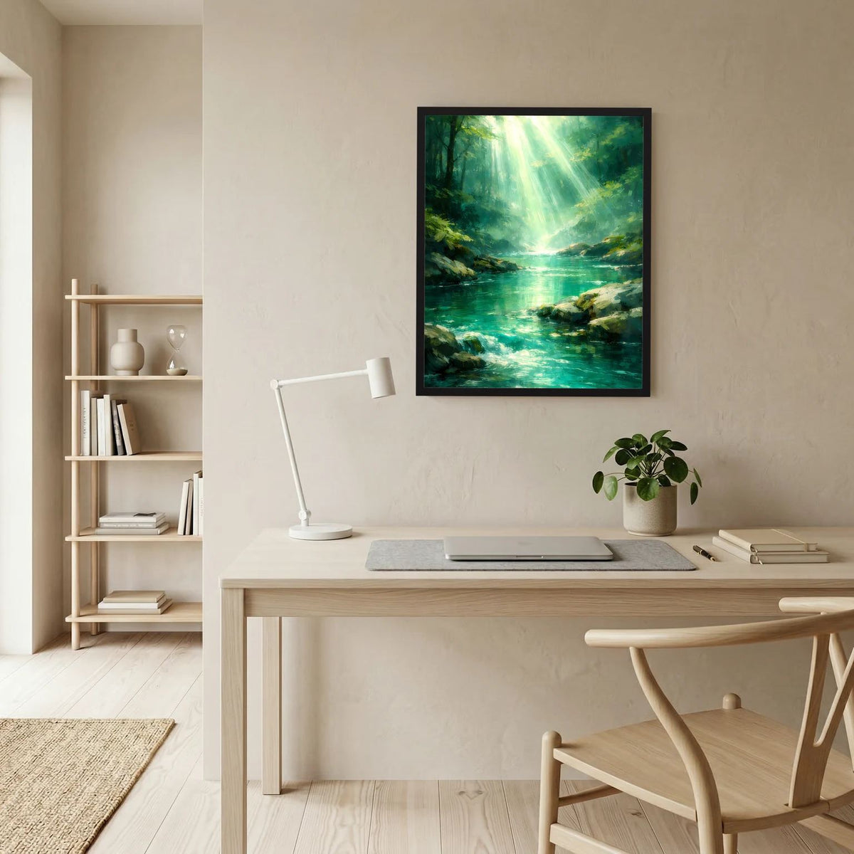Wandbild mit Fluss im grünen Wald und Lichtstrahlen, gerahmt
