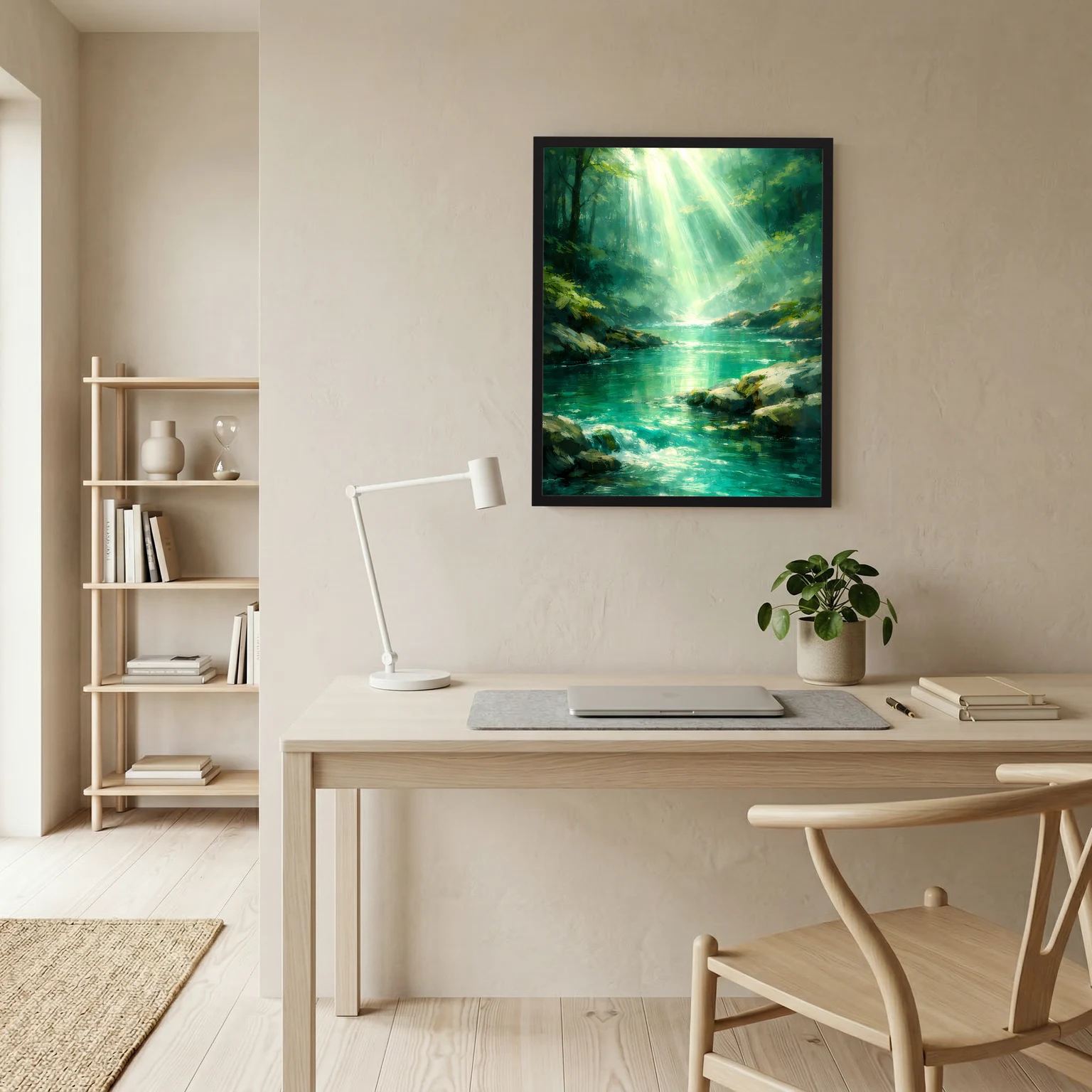 Wandbild mit Fluss im grünen Wald und Lichtstrahlen, gerahmt