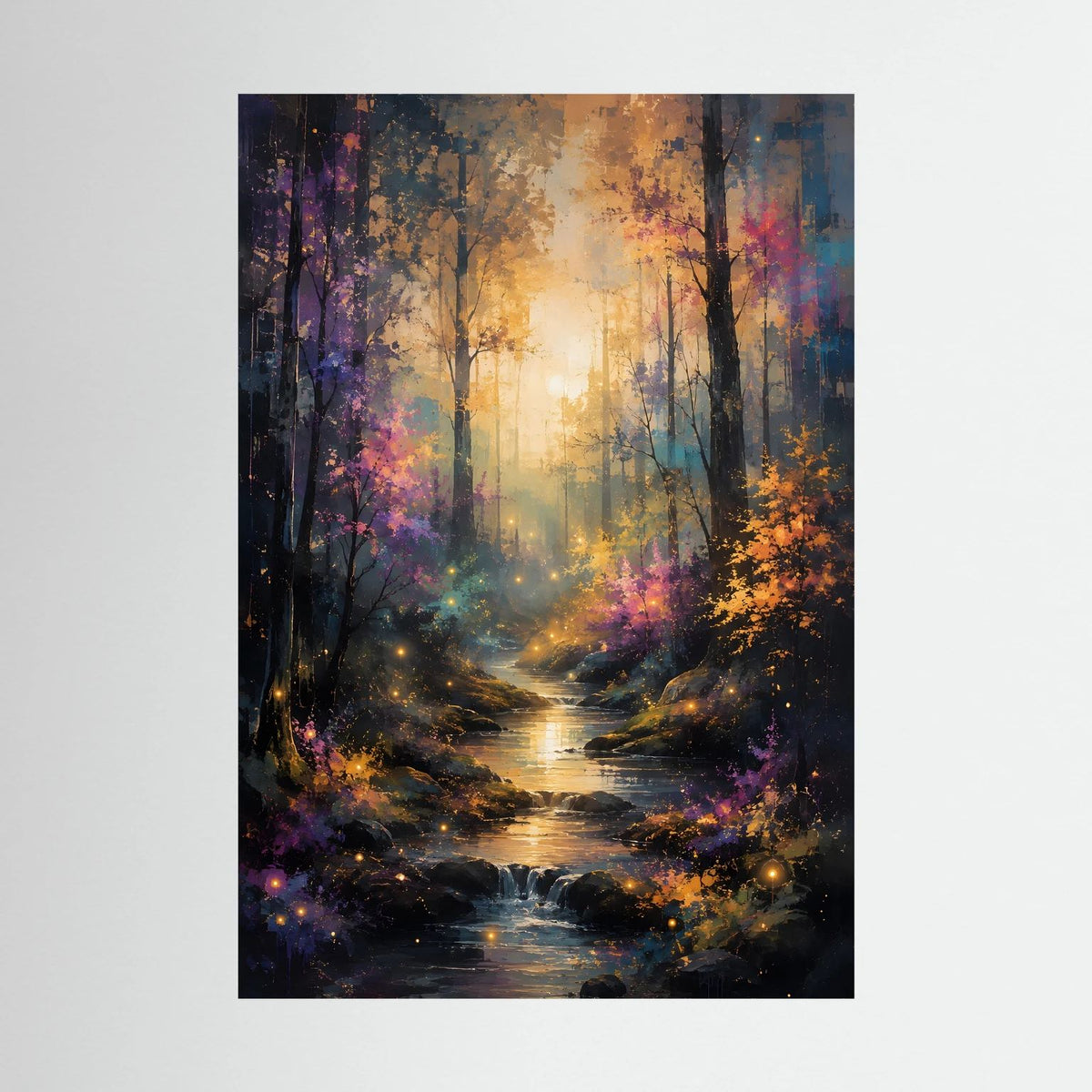 Wandposter mit mystischem Wald, leuchtendem Bach und bunten Lichtpunkten