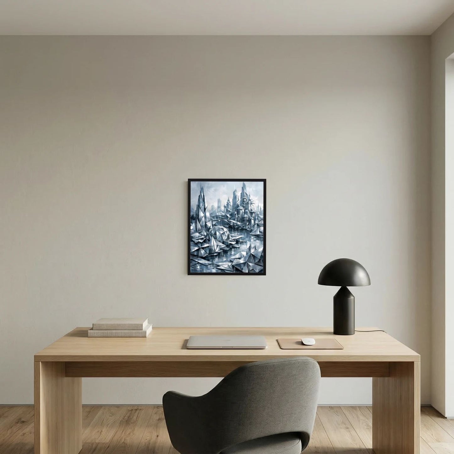 Wandbild mit geometrischer Fantasy-Stadt in Silber und Blau im schwarzen Rahmen