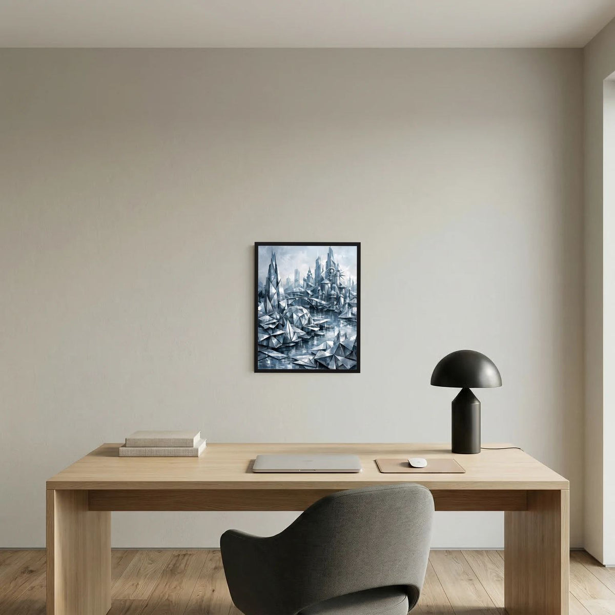 Wandbild mit geometrischer Fantasy-Stadt in Silber und Blau im schwarzen Rahmen