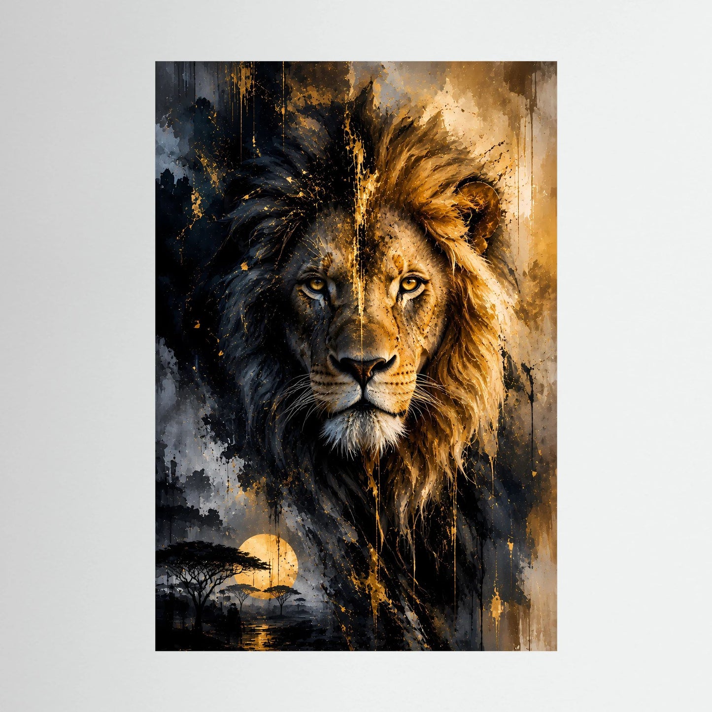 Löwen-Poster mit abstraktem Porträt in Schwarz und Gold, Hochformat