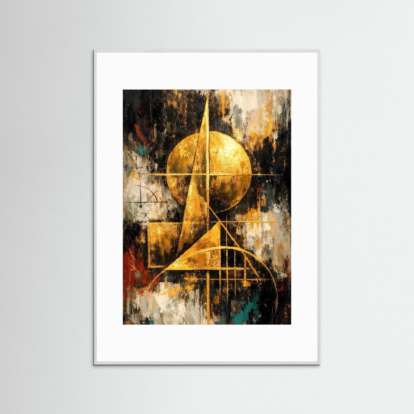 Bauhaus-Poster mit goldenem Kreis und geometrischen Linien, im silbergrauen Rahmen.