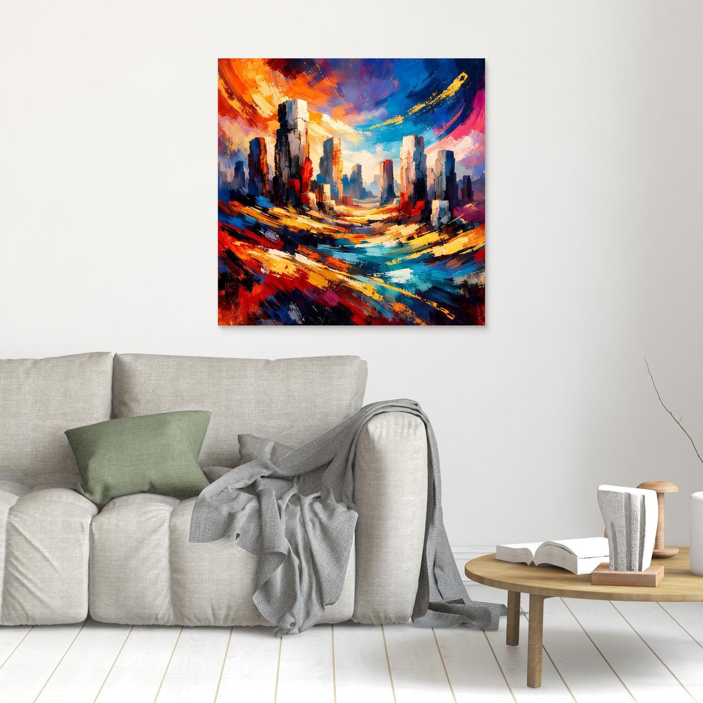 Leinwandbild an der Wand mit abstrakter Felslandschaft, breite Pinselstriche in Rot und Blau