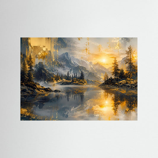 Querformat-Wandbild mit Alpen- und Sonnenuntergangsmotiv über ruhigem See