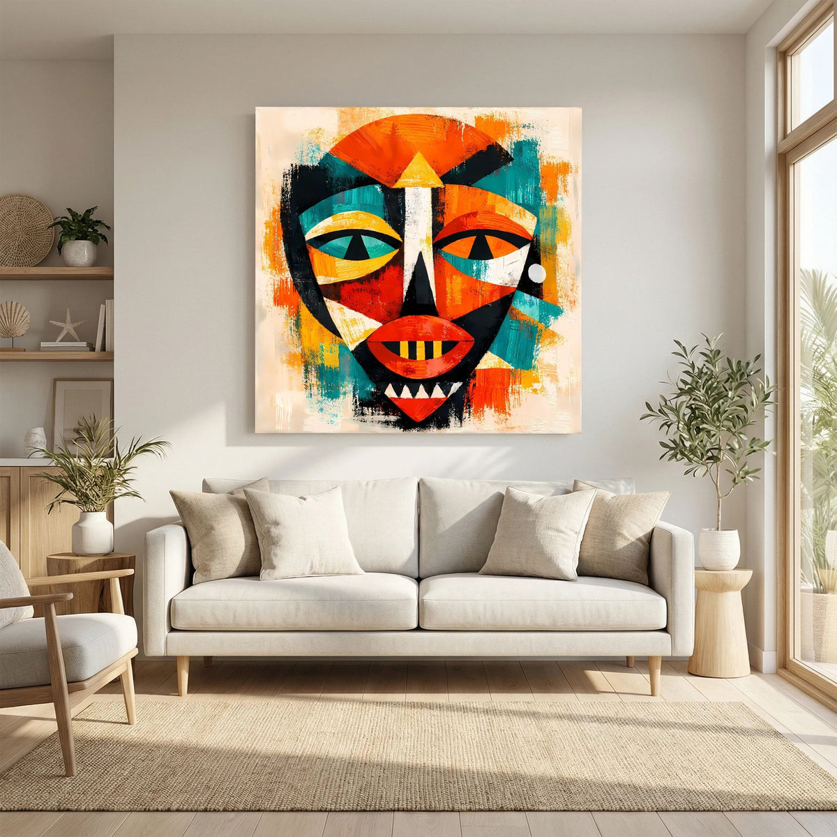 Leinwandbild mit abstrakter afrikanischer Maske, Blick nach vorn, orangefarbene Akzente