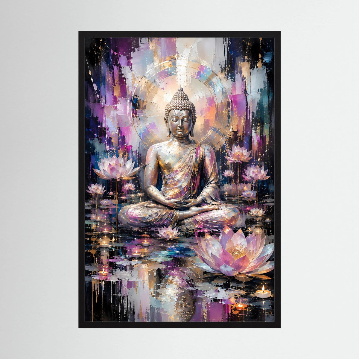 Poster im schwarzen Rahmen: meditierender Buddha, Lotusblüten, abstrakter Gold-Pink-Blau-Look.