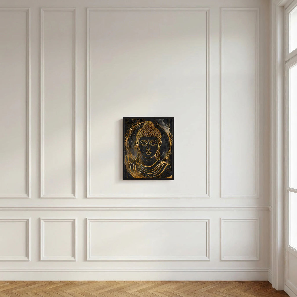 Buddha-Kunstposter im schwarzen Rahmen mit goldener Büste auf dunklem Hintergrund
