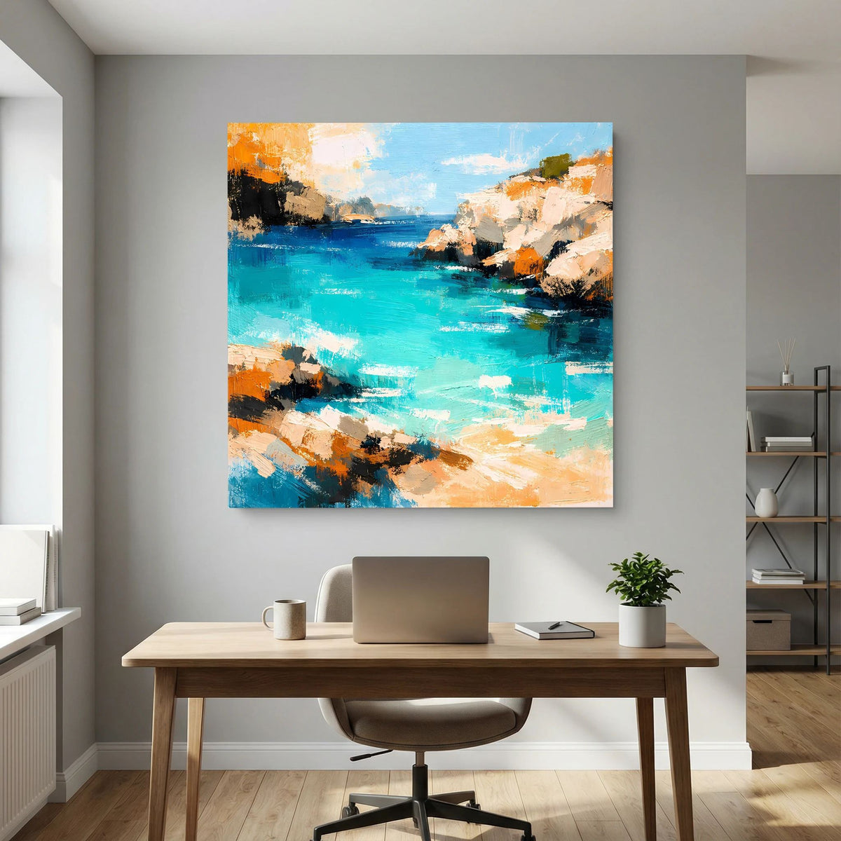 Abstraktes Wandbild Klippenbucht: leuchtend türkisblaues Meer, orange und schwarze Pinselakzente